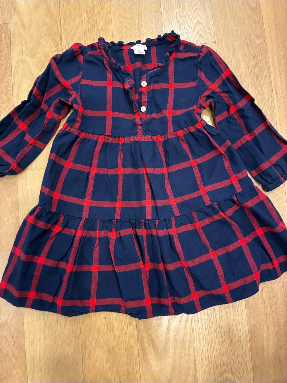 J Crew Navy and Red Plaid Tiered Long-Sleeve Dress